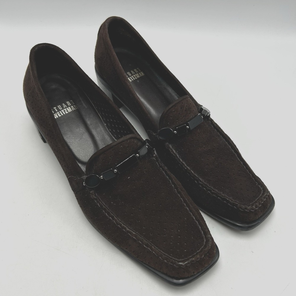 Stuart Weitzman Loafers Womens 7 N Brown Suede Leather Perforated Shoes Spain